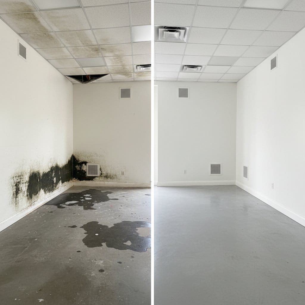 Before and after attic & crawl space mold removal in Haworth Cape Cod house storefront interior