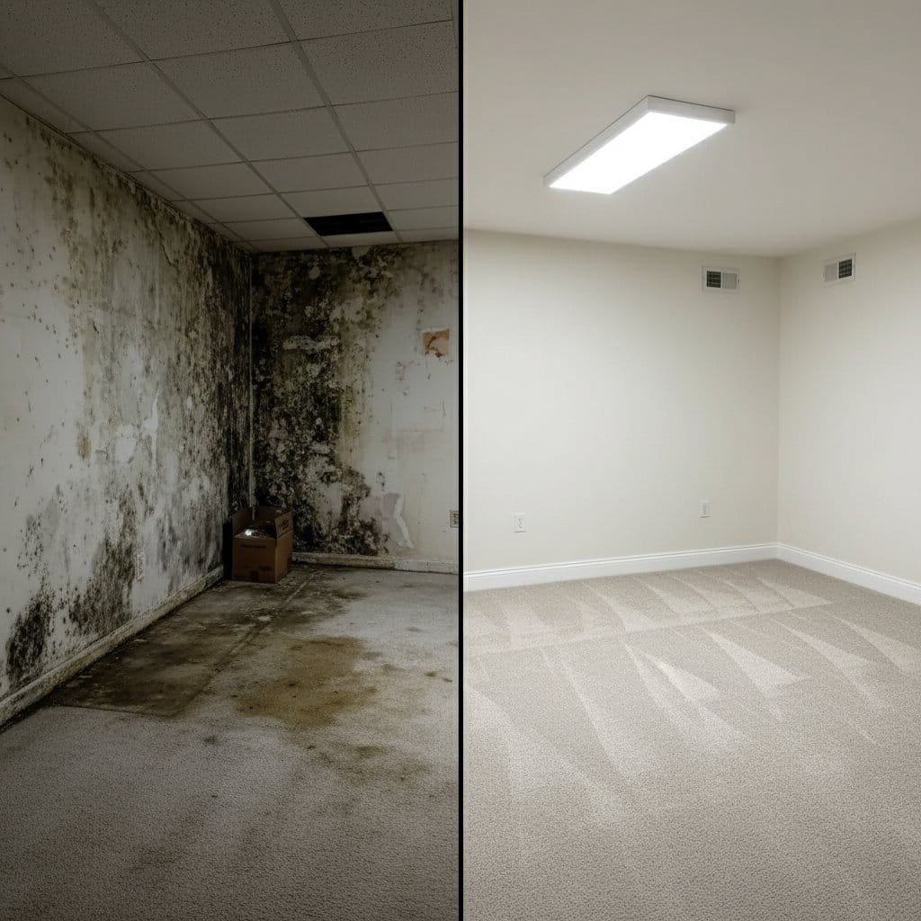 Basement & Foundation Mold Removal before and after in residential basement, Haworth NJ