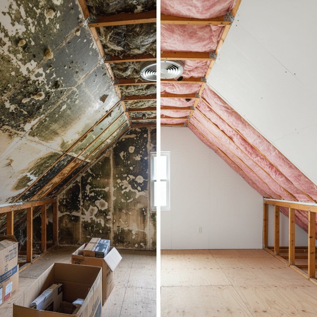 Before and after post-remediation cleaning & clearance in Haworth single-family home attic space