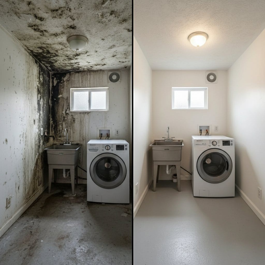 Odor Removal & Disinfection restoration β laundry room of Cape Cod house in Haworth, NJ