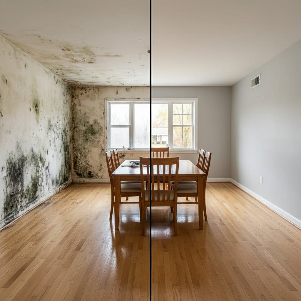 Before and after odor removal & disinfection in Haworth ranch-style home dining room