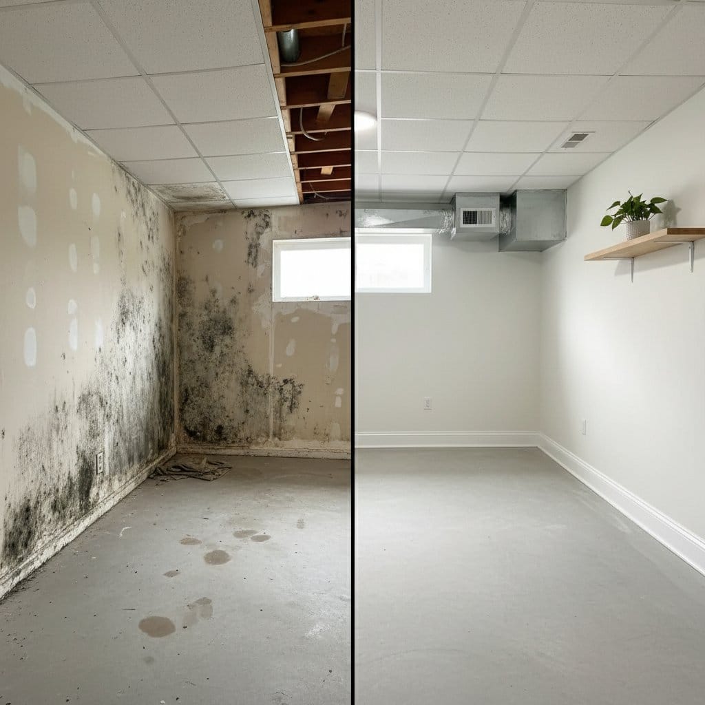 Haworth Mold Removal residential basement restoration before and after in Haworth